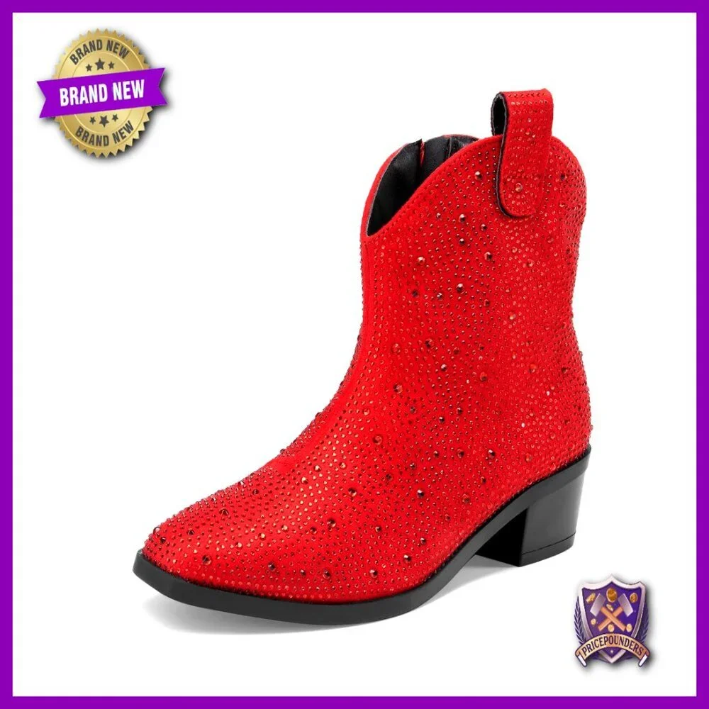 Girls Rhinestone Cowgirl Boots Ankle Low Heel Dress Booties Sparkly Party Wear
